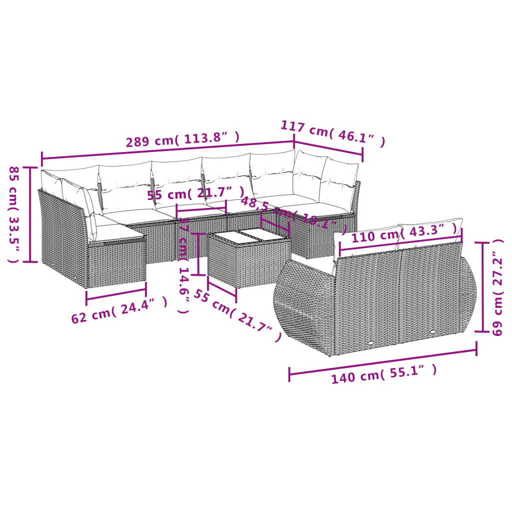10 pcs conjunto de sofás p/ jardim com almofadões vime PE bege