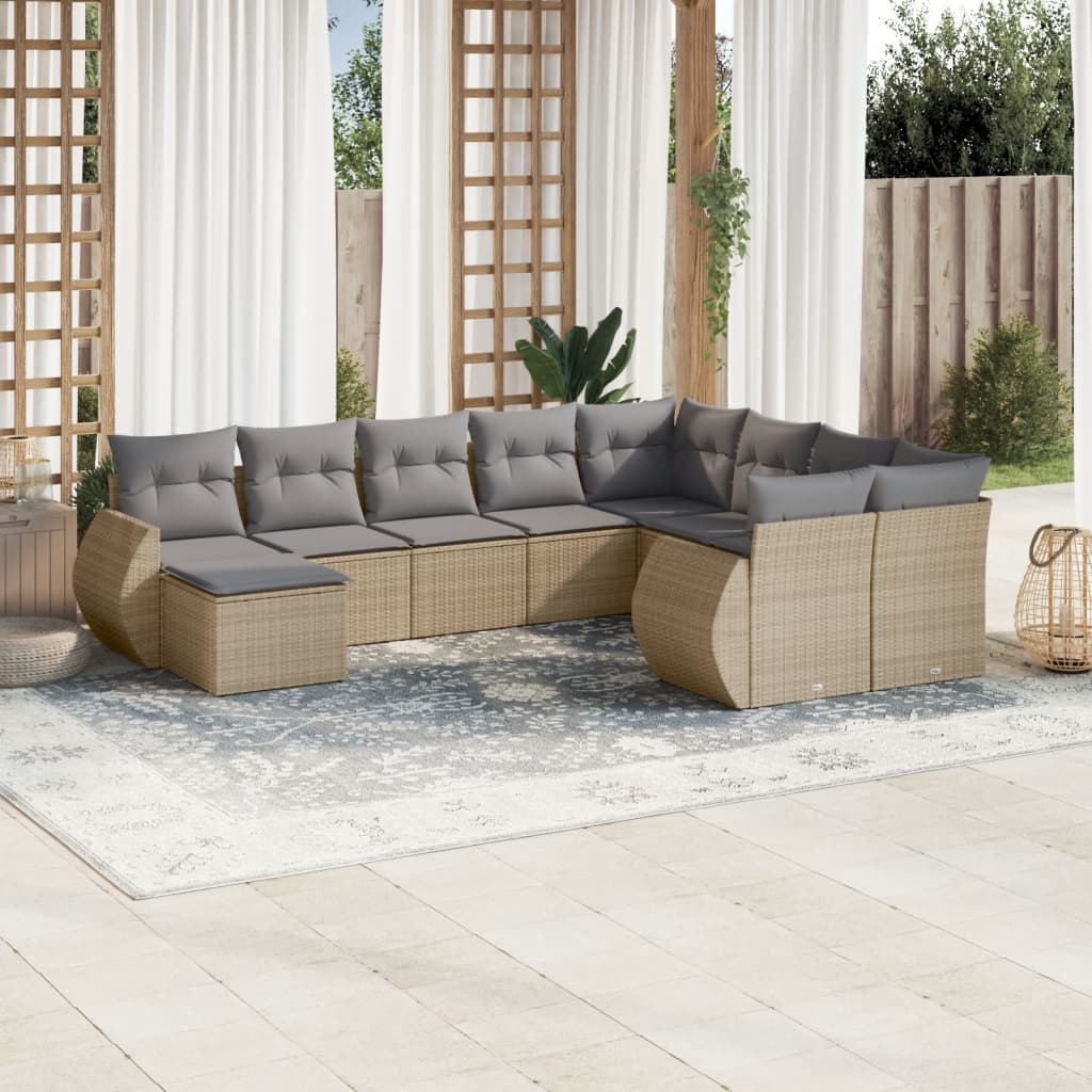 10 pcs conjunto de sofás p/ jardim com almofadões vime PE bege