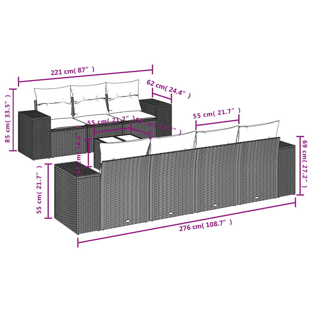 8 pcs conjunto sofás de jardim c/ almofadões vime PE castanho