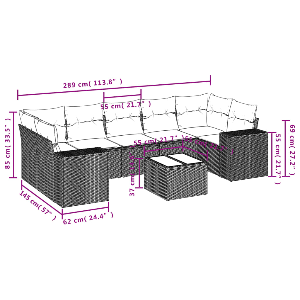 8 pcs conjunto sofás de jardim c/ almofadões vime PE castanho