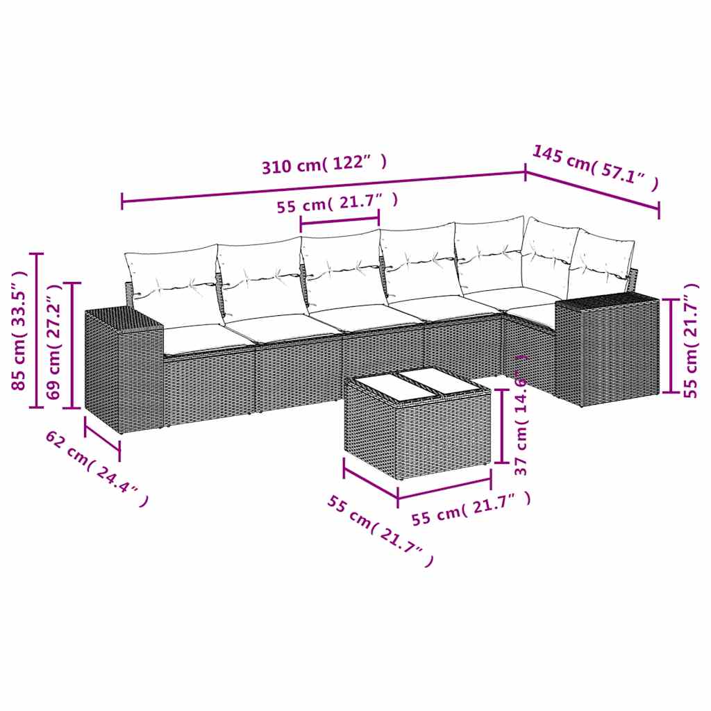 7 pcs conjunto de sofás p/ jardim com almofadões vime PE bege