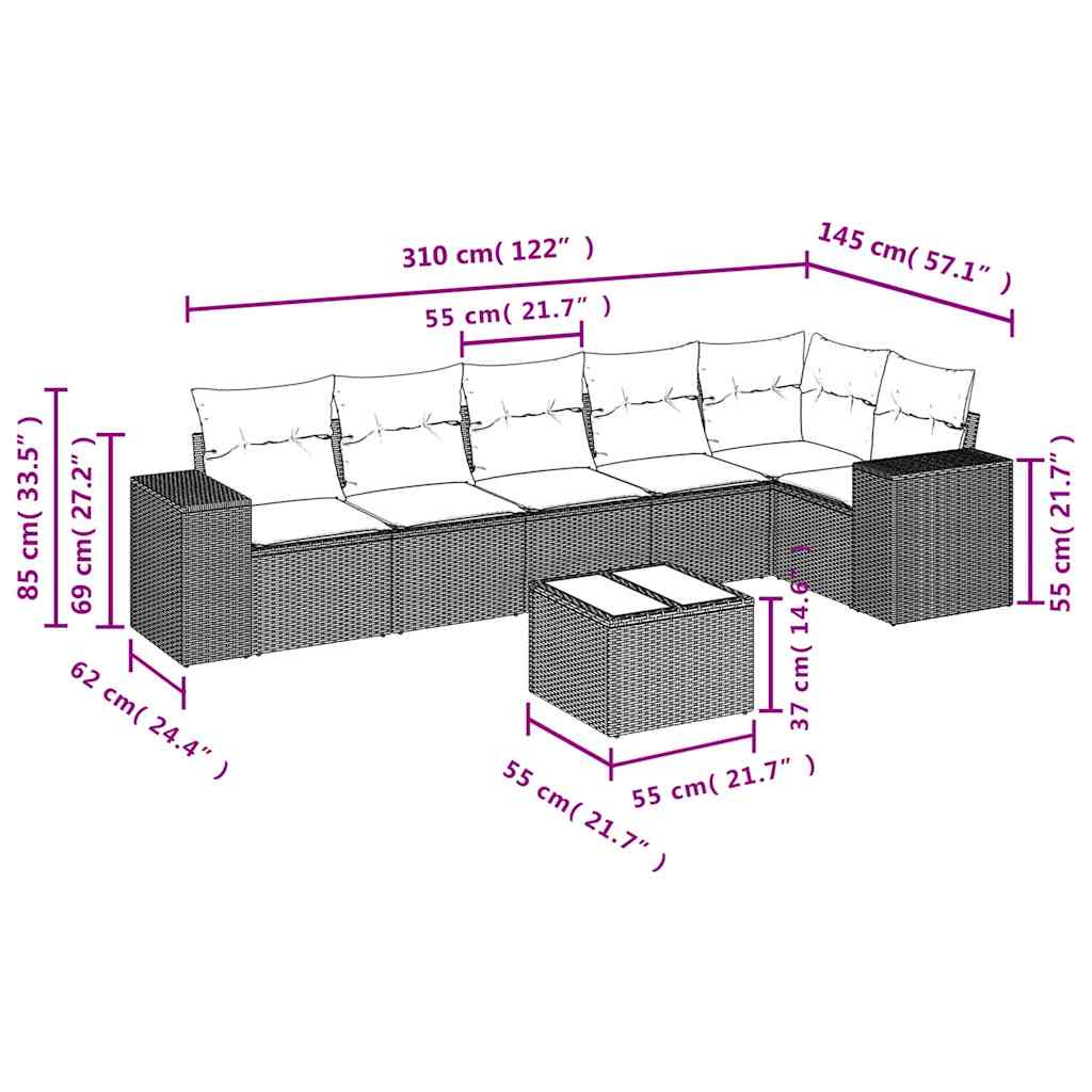 7 pcs conjunto de sofás p/ jardim com almofadões vime PE bege