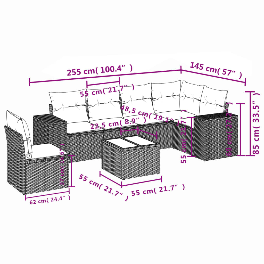 7 pcs conjunto de sofás p/ jardim com almofadões vime PE bege
