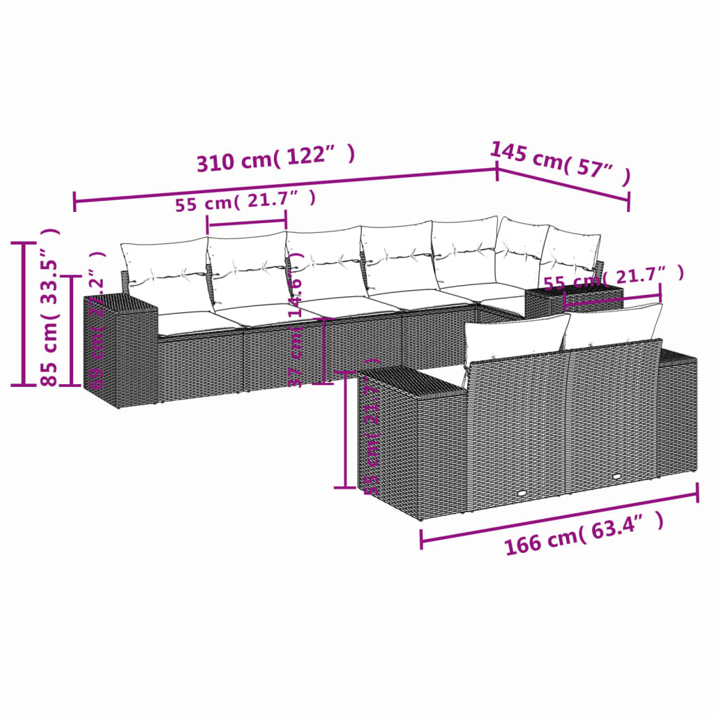8 pcs conjunto sofás de jardim c/ almofadões vime PE castanho