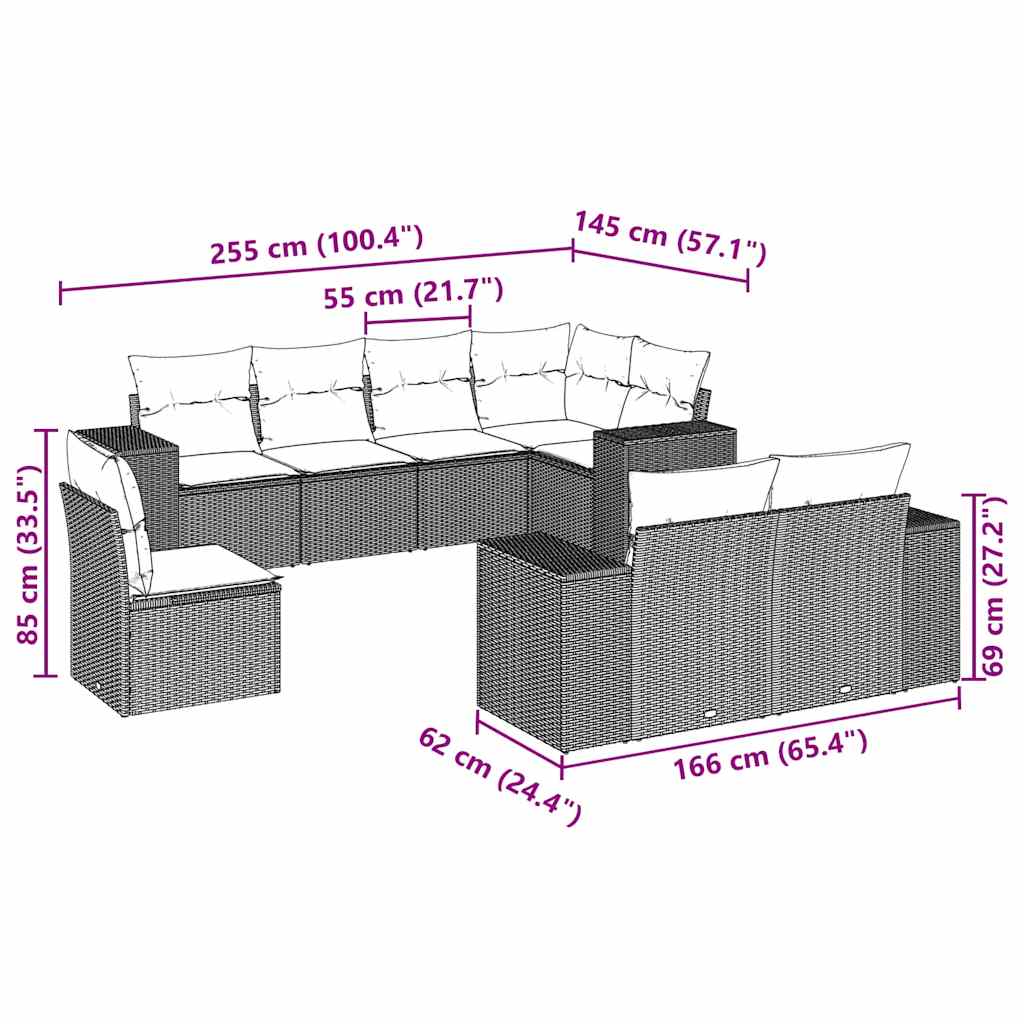 8 pcs conj. sofás jardim c/ almofadões vime PE cinzento-claro