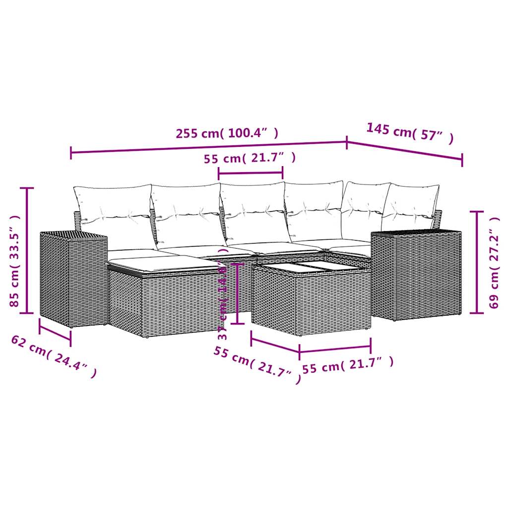 7 pcs conjunto de sofás p/ jardim com almofadões vime PE bege