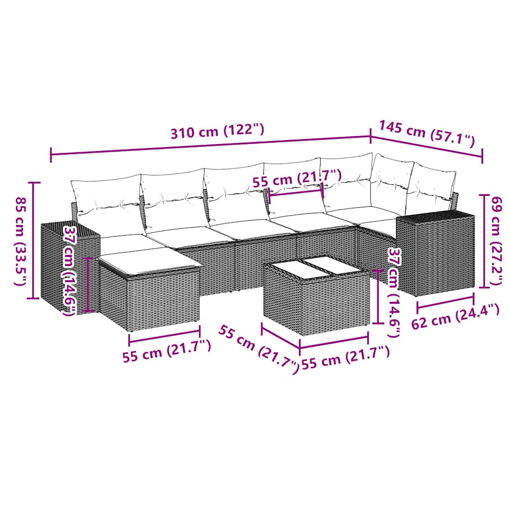 8 pcs conj. sofás jardim c/ almofadões vime PE cinzento-claro