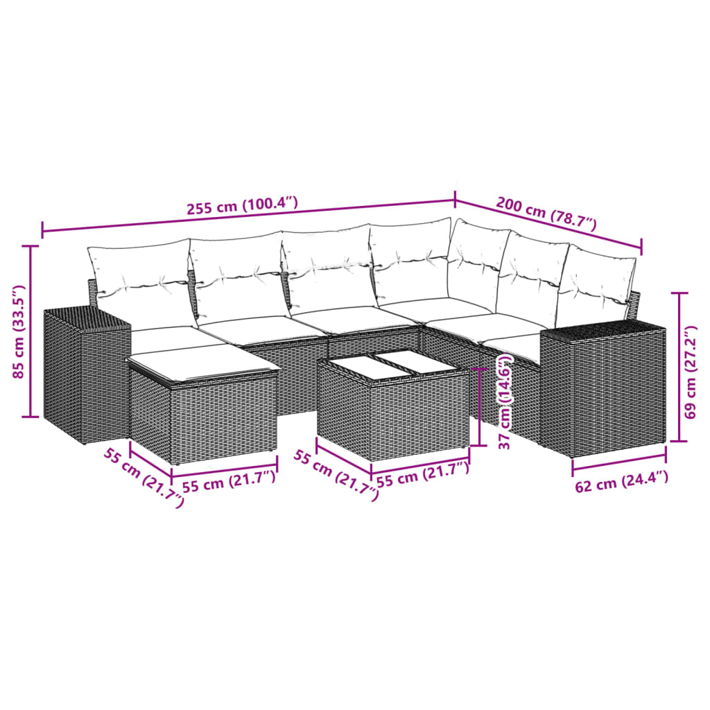 8 pcs conjunto sofás de jardim c/ almofadões vime PE castanho