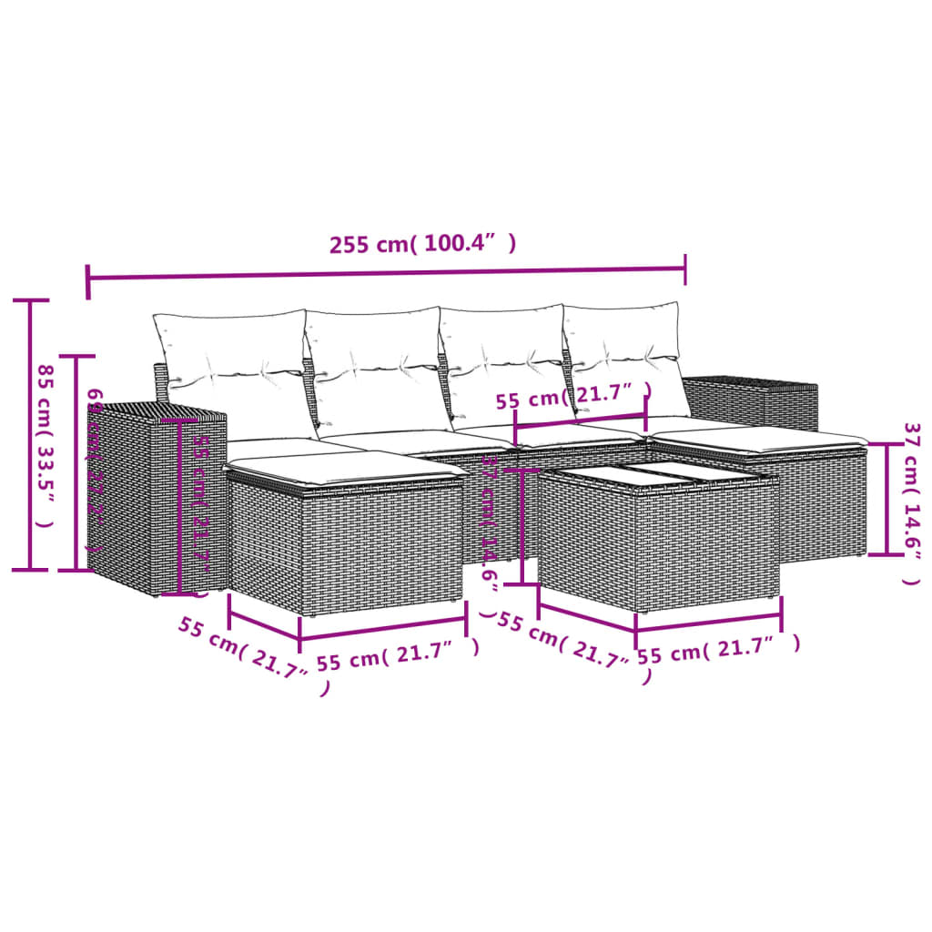 7 pcs conjunto de sofás p/ jardim com almofadões vime PE bege