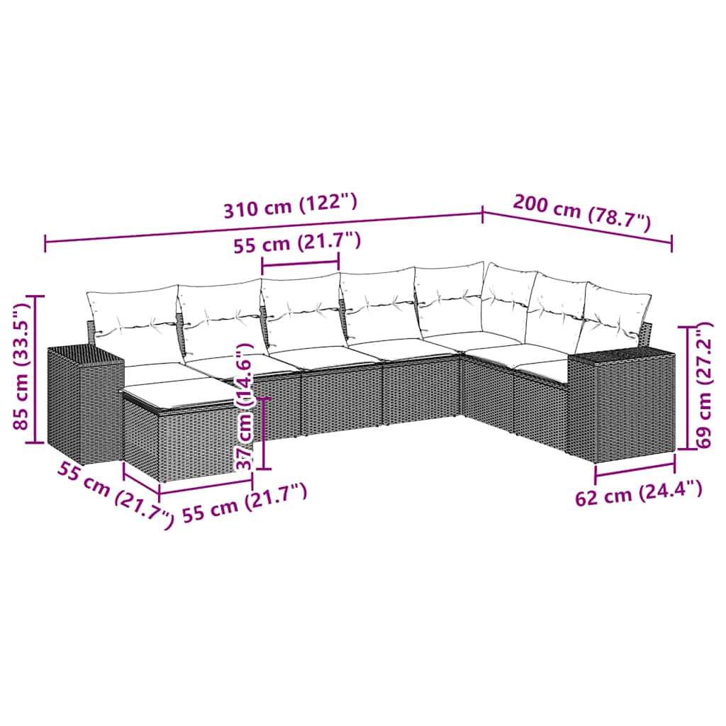 8 pcs conj. sofás jardim c/ almofadões vime PE cinzento-claro