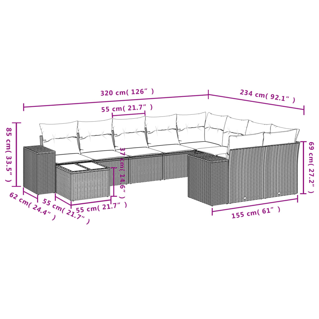 10 pcs conjunto sofás de jardim c/ almofadões vime PE cinzento