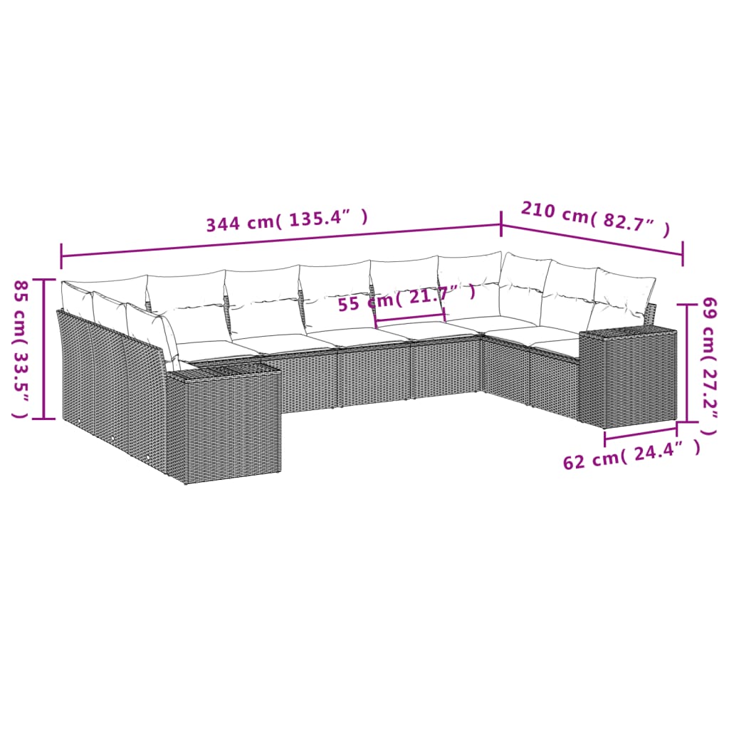 10 pcs conjunto de sofás p/ jardim com almofadões vime PE bege