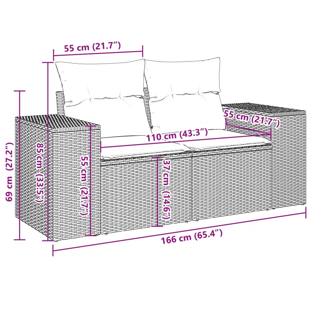 10 pcs conjunto de sofás p/ jardim com almofadões vime PE bege