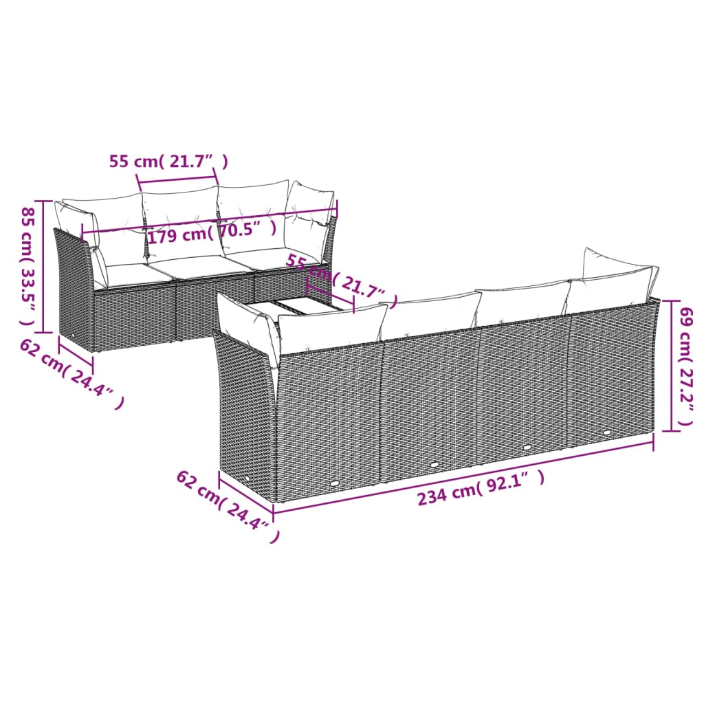 8 pcs conjunto sofás de jardim c/ almofadões vime PE castanho