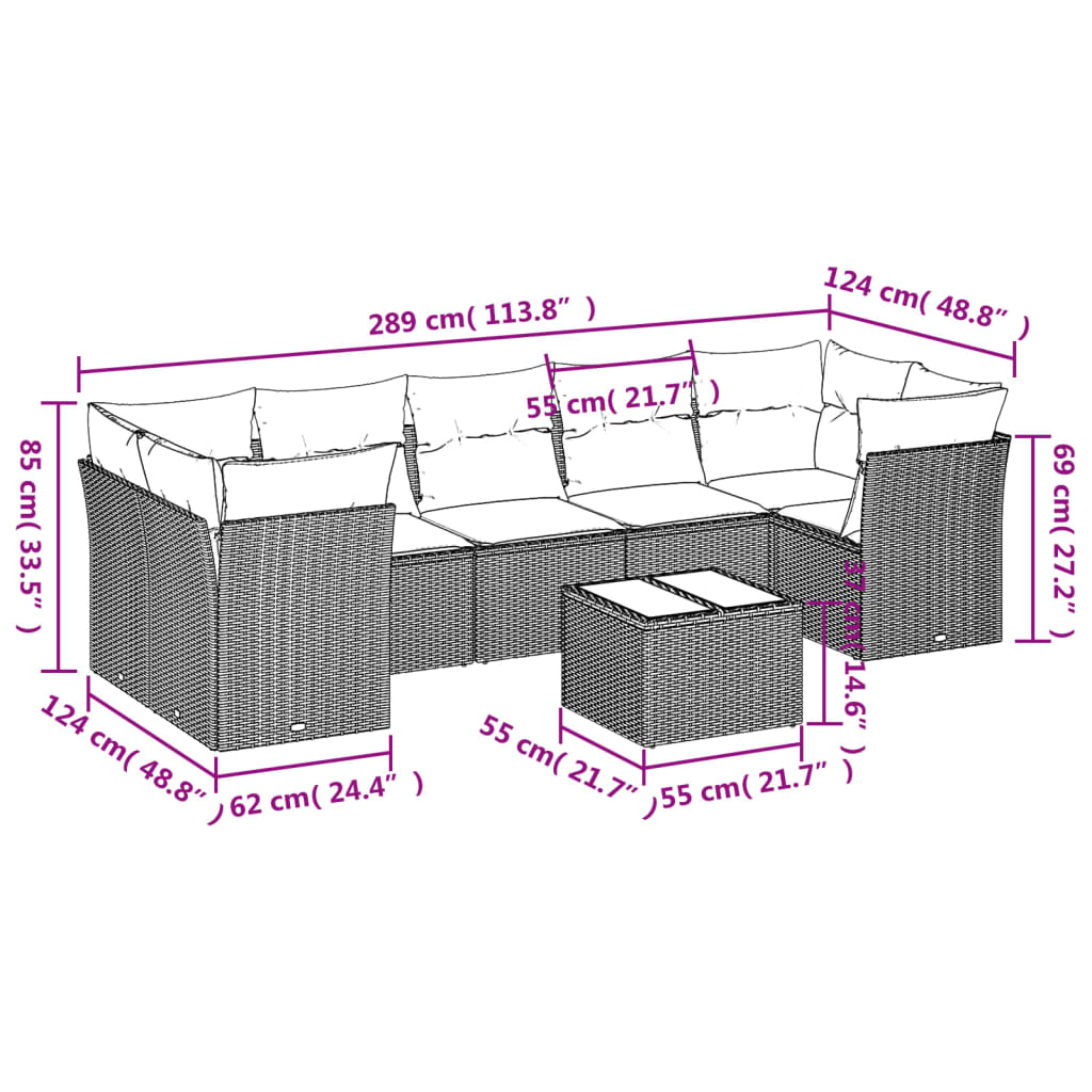 8 pcs conjunto sofás de jardim c/ almofadões vime PE castanho