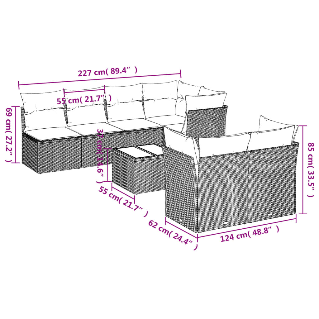 8 pcs conjunto sofás de jardim c/ almofadões vime PE castanho