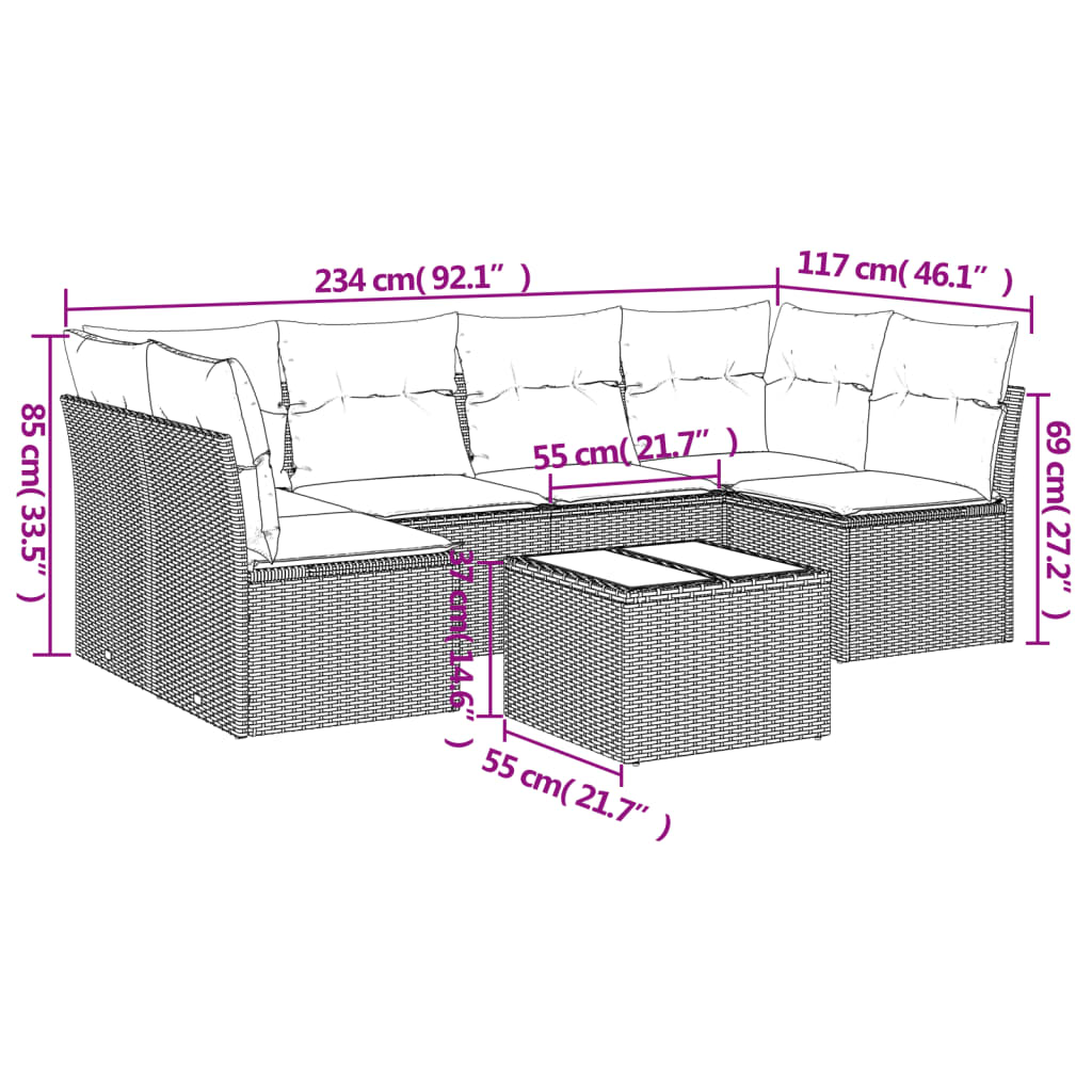 7 pcs conjunto de sofás p/ jardim com almofadões vime PE bege