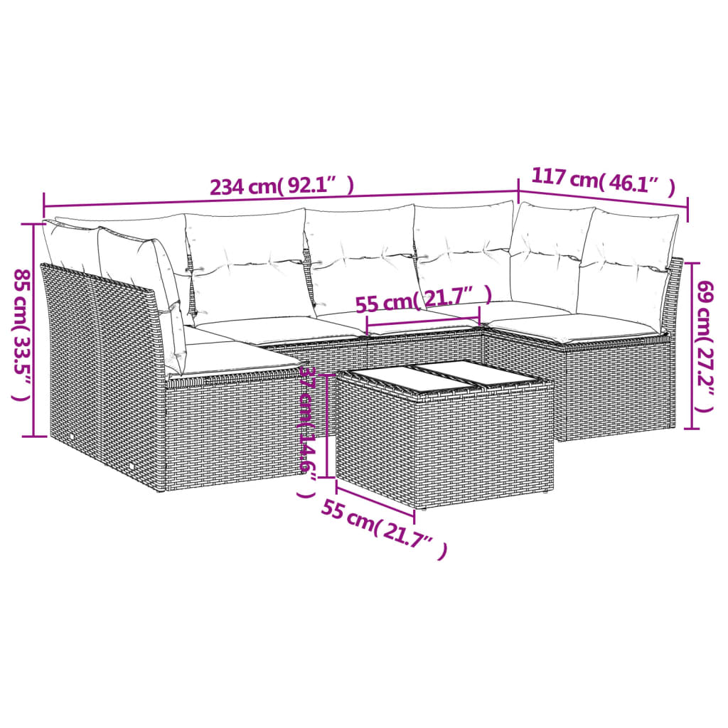 7 pcs conjunto de sofás p/ jardim com almofadões vime PE bege