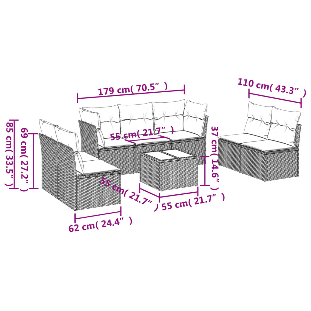 8 pcs conjunto sofás de jardim c/ almofadões vime PE castanho