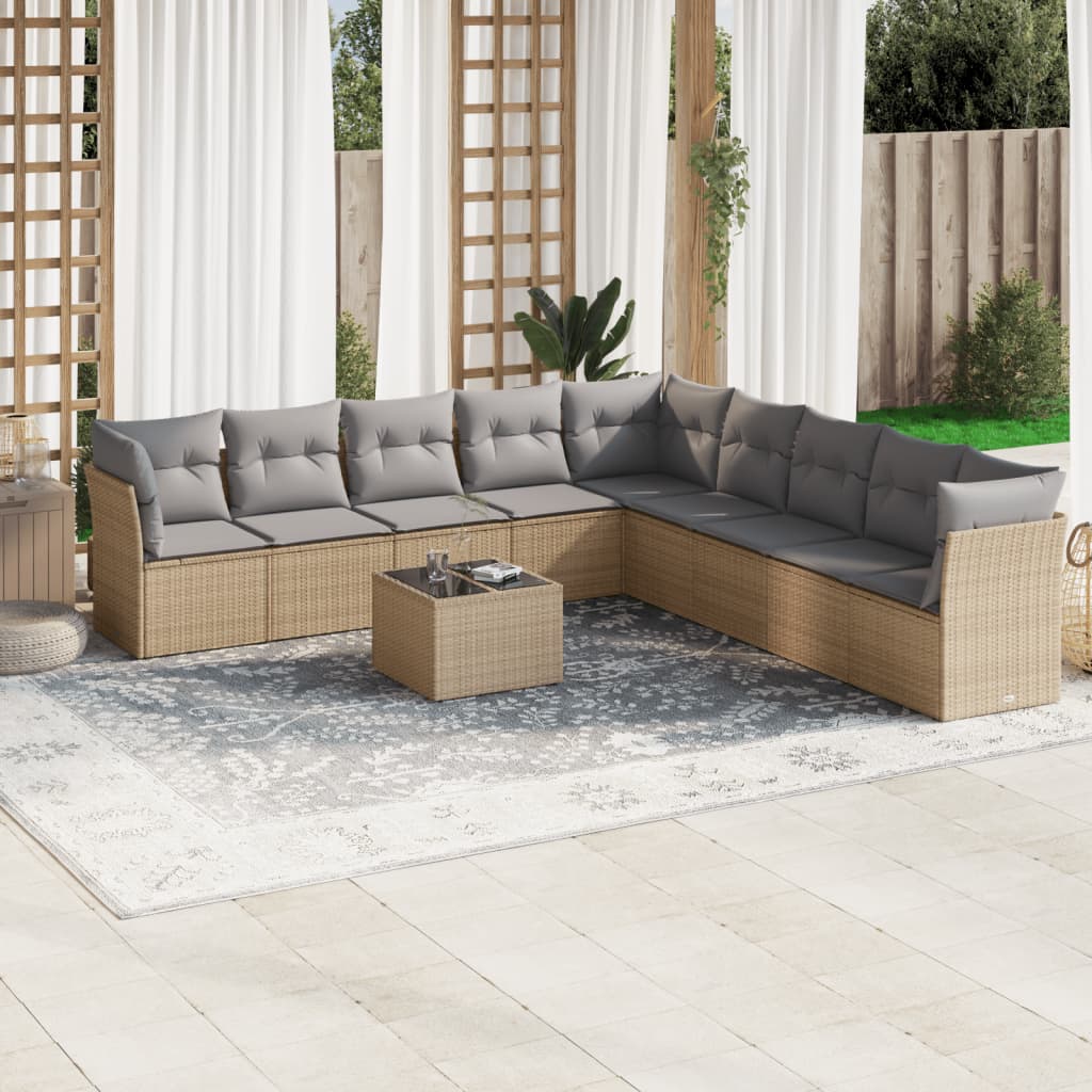10 pcs conjunto de sofás p/ jardim com almofadões vime PE bege