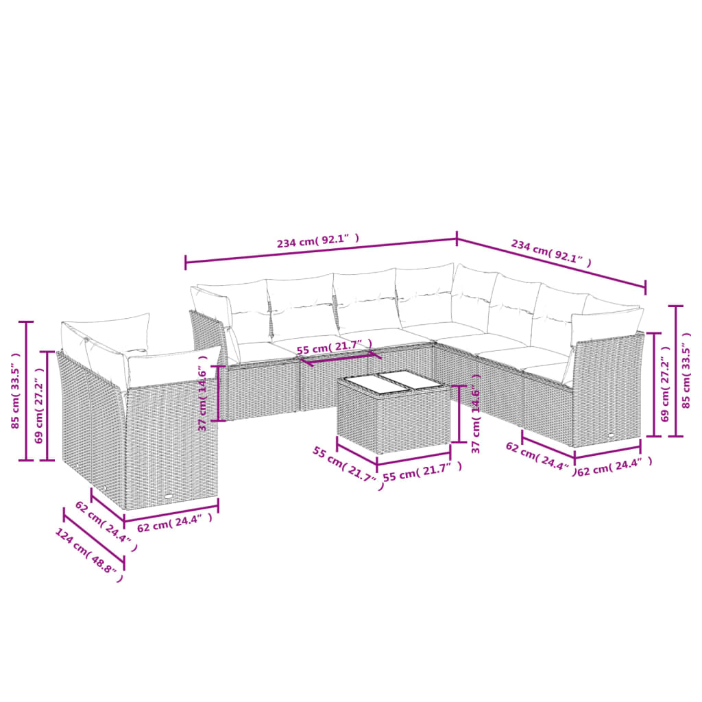10 pcs conjunto de sofás p/ jardim com almofadões vime PE bege