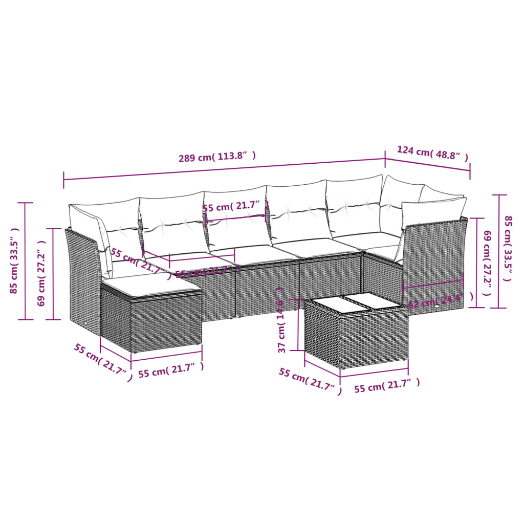 8 pcs conjunto de sofás p/ jardim com almofadões vime PE bege