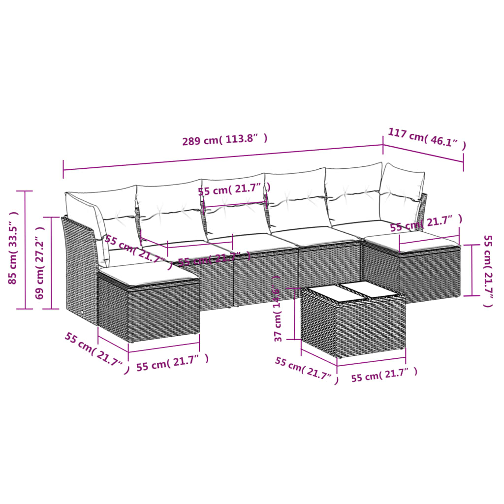 8 pcs conjunto sofás de jardim c/ almofadões vime PE castanho