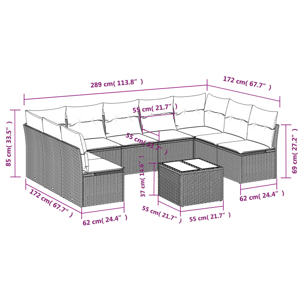 10 pcs conjunto de sofás p/ jardim com almofadões vime PE bege