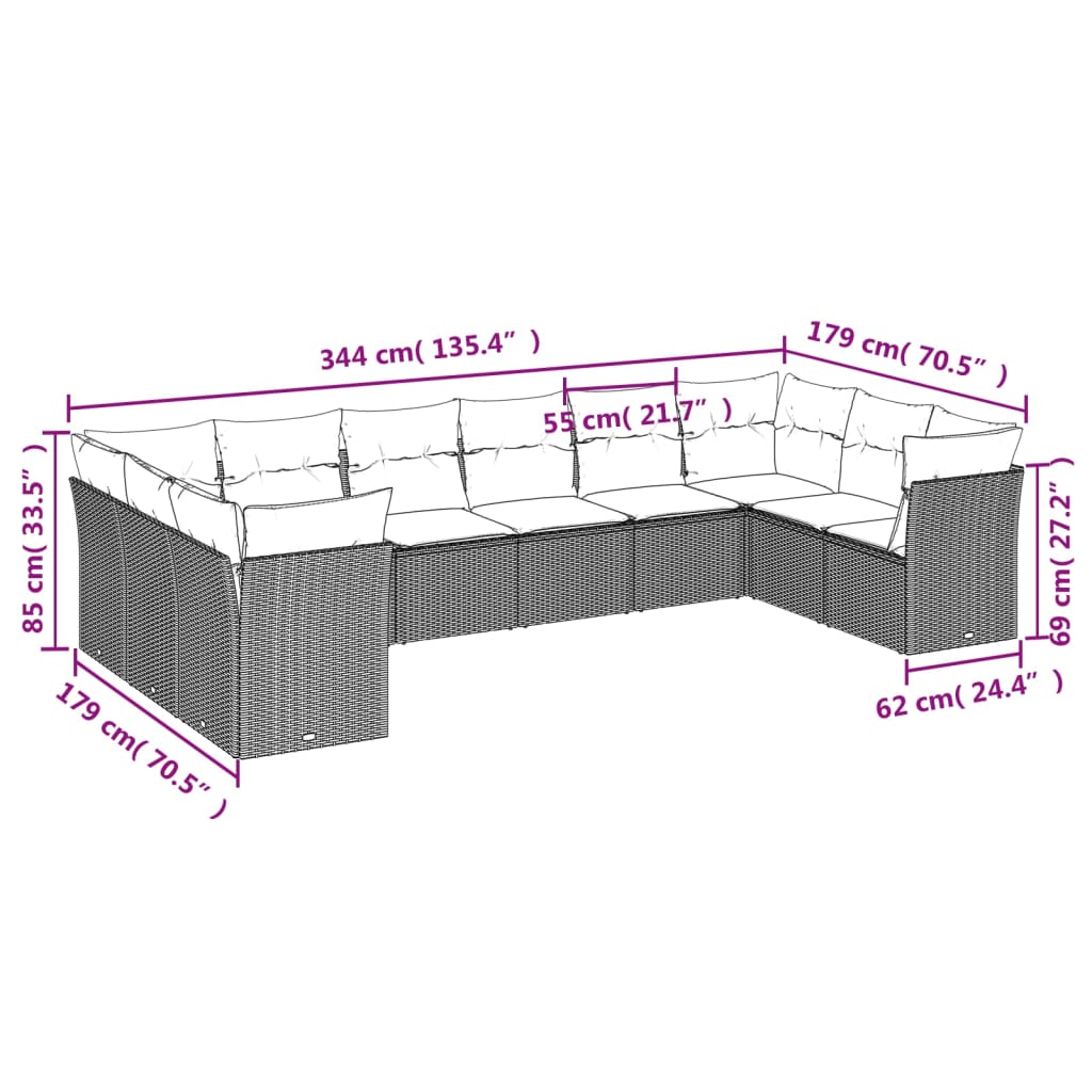 10 pcs conjunto de sofás p/ jardim com almofadões vime PE bege
