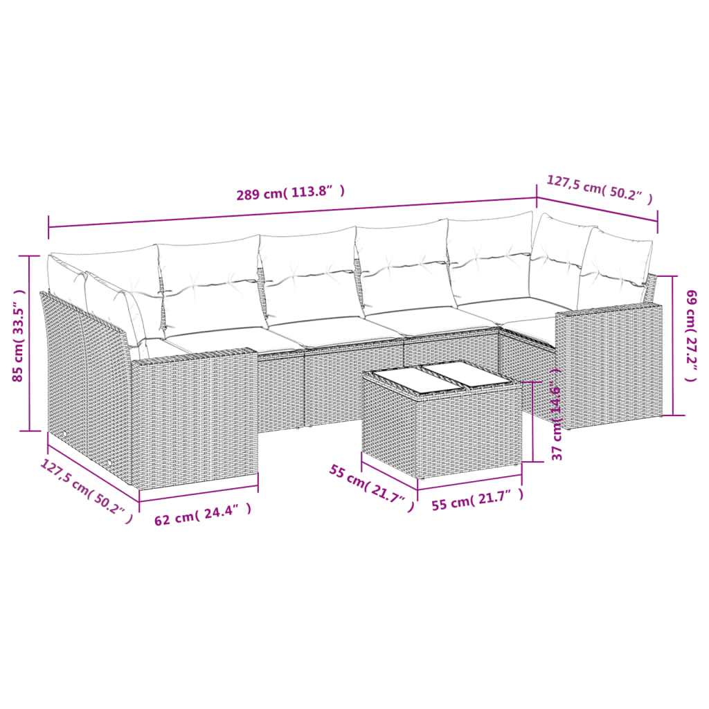 8 pcs conjunto sofás de jardim c/ almofadões vime PE castanho