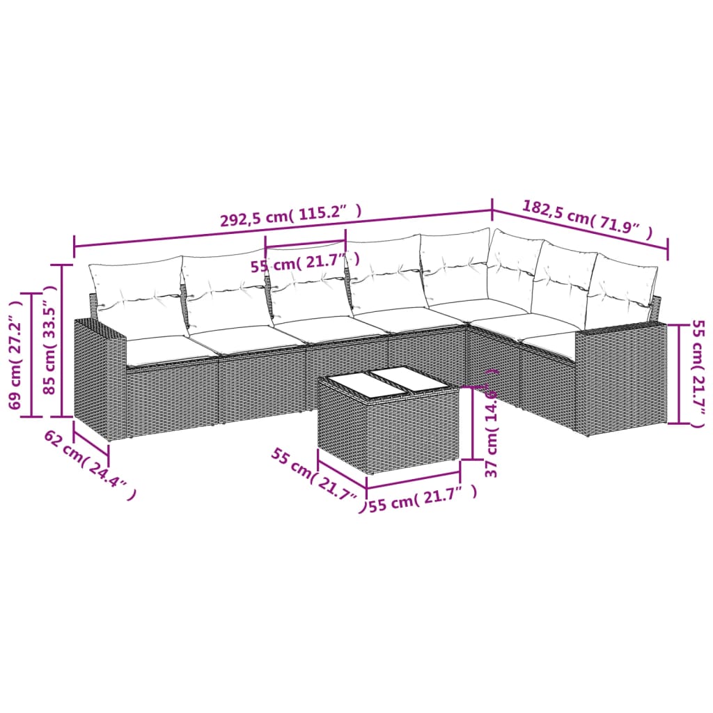 8 pcs conjunto sofás de jardim c/ almofadões vime PE castanho
