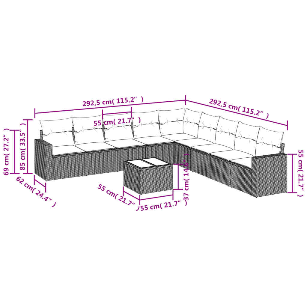 10 pcs conjunto de sofás p/ jardim com almofadões vime PE bege