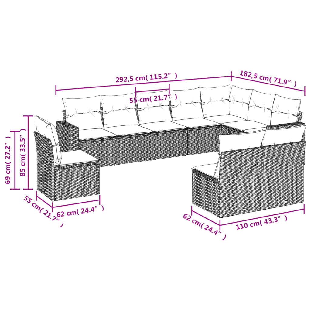 10 pcs conjunto de sofás p/ jardim com almofadões vime PE bege