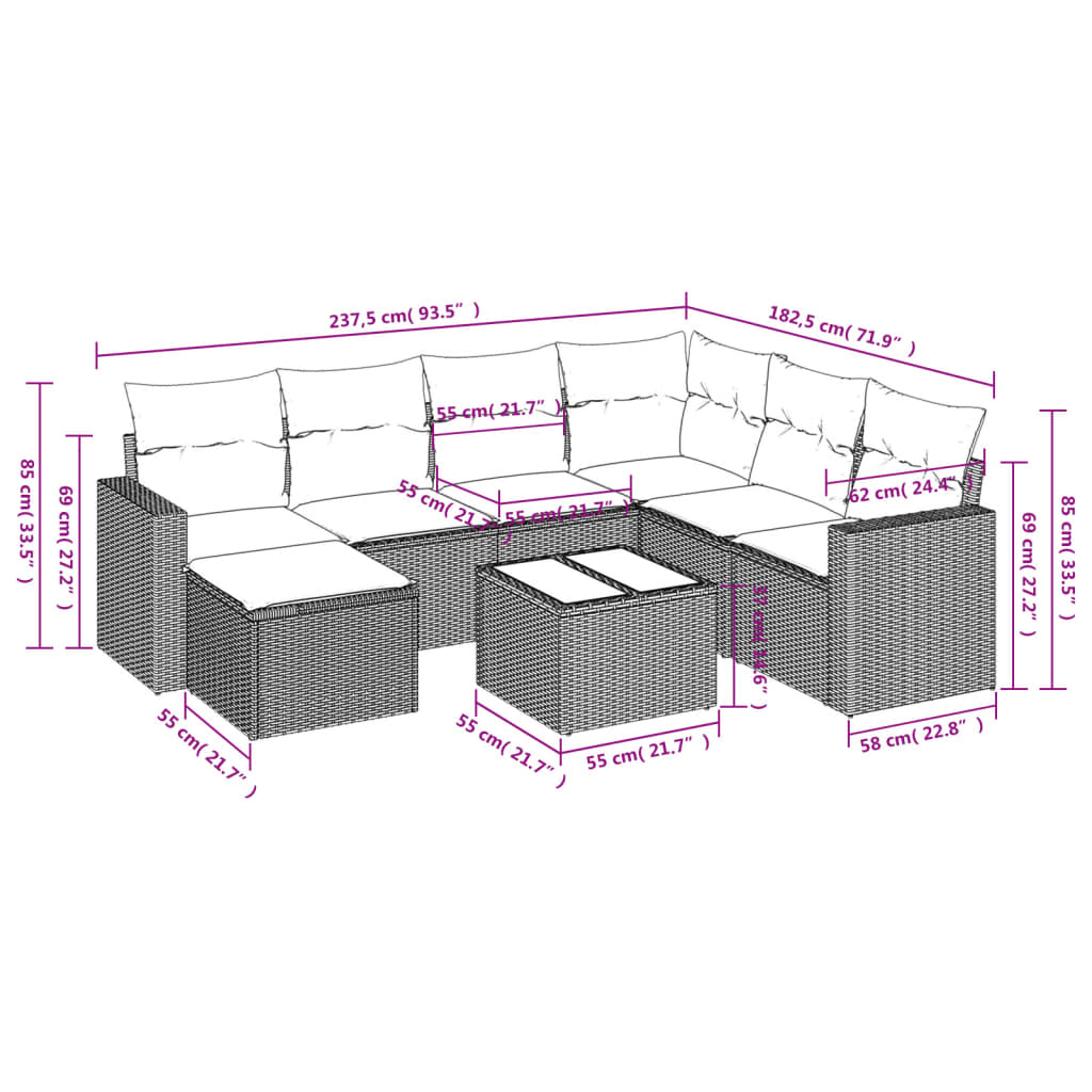 8 pcs conjunto sofás de jardim c/ almofadões vime PE castanho
