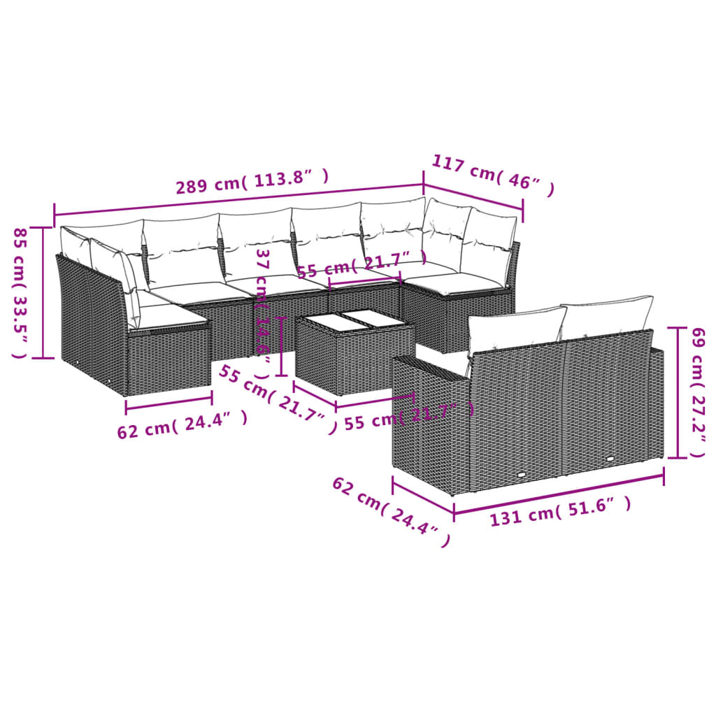 10 pcs conjunto de sofás p/ jardim c/ almofadões vime PE preto