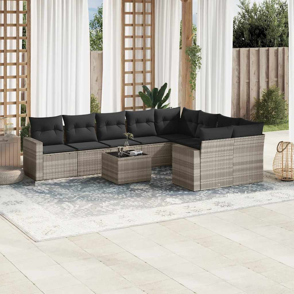 10 pcs conj. sofás jardim com almofadões vime PE cinzento-claro