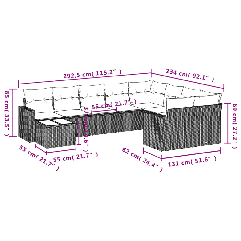 10 pcs conjunto de sofás p/ jardim com almofadões vime PE bege