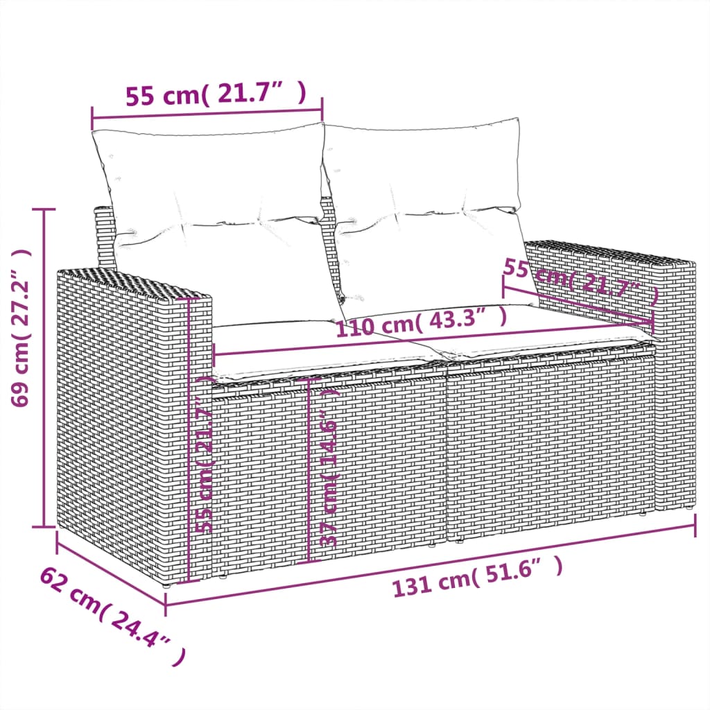 10 pcs conjunto de sofás p/ jardim c/ almofadões vime PE preto