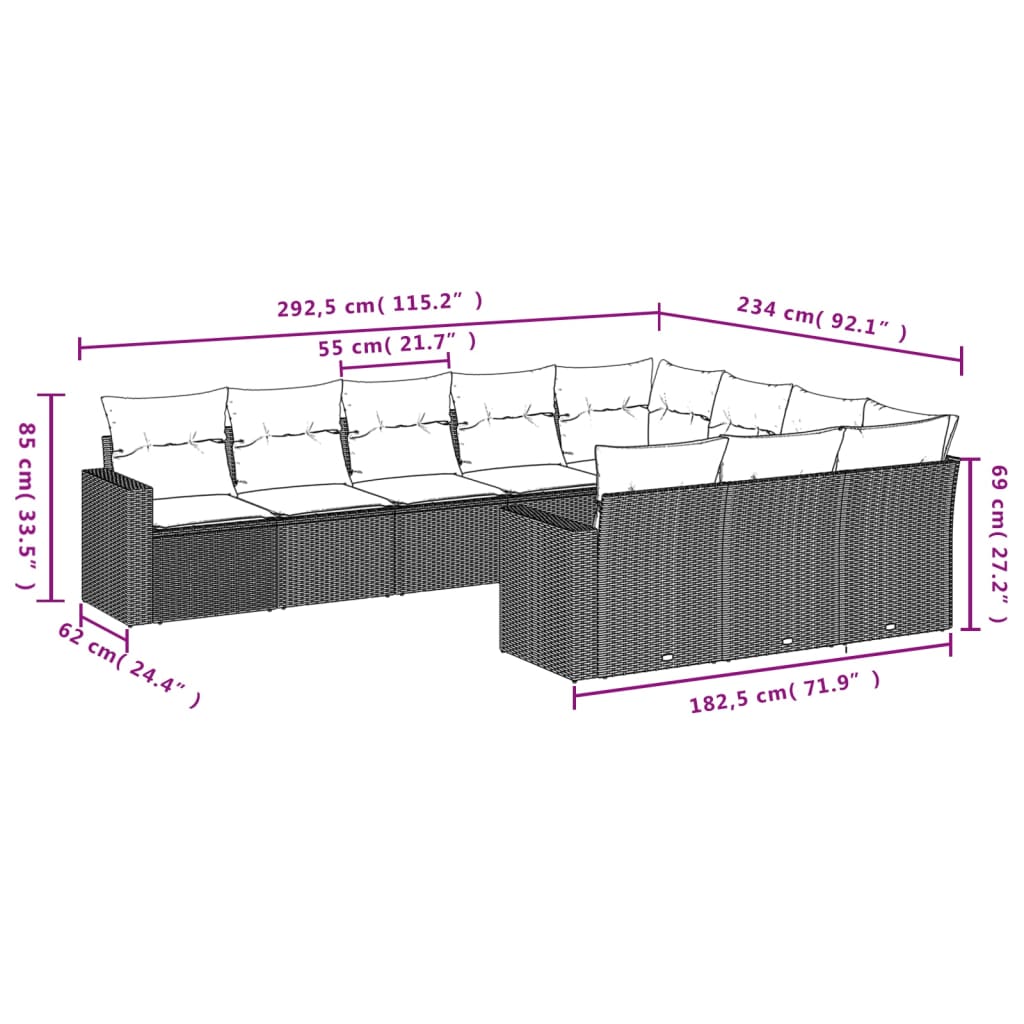 10 pcs conjunto de sofás p/ jardim c/ almofadões vime PE preto