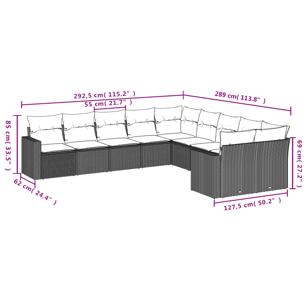 10 pcs conjunto de sofás p/ jardim c/ almofadões vime PE preto