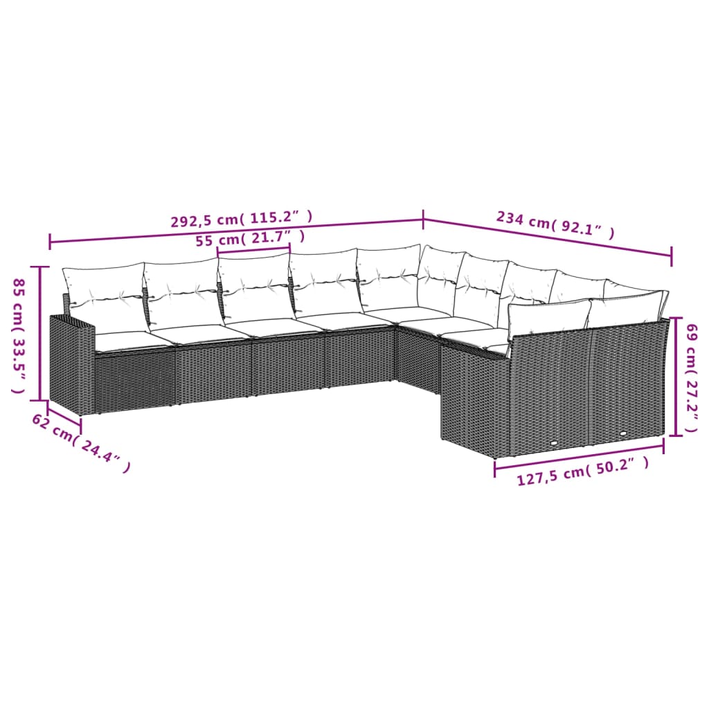 10 pcs conjunto sofás de jardim c/ almofadões vime PE cinzento
