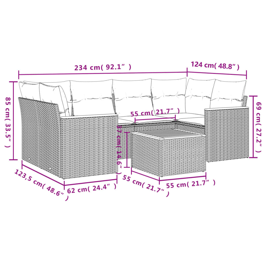 7 pcs conjunto de sofás p/ jardim com almofadões vime PE bege