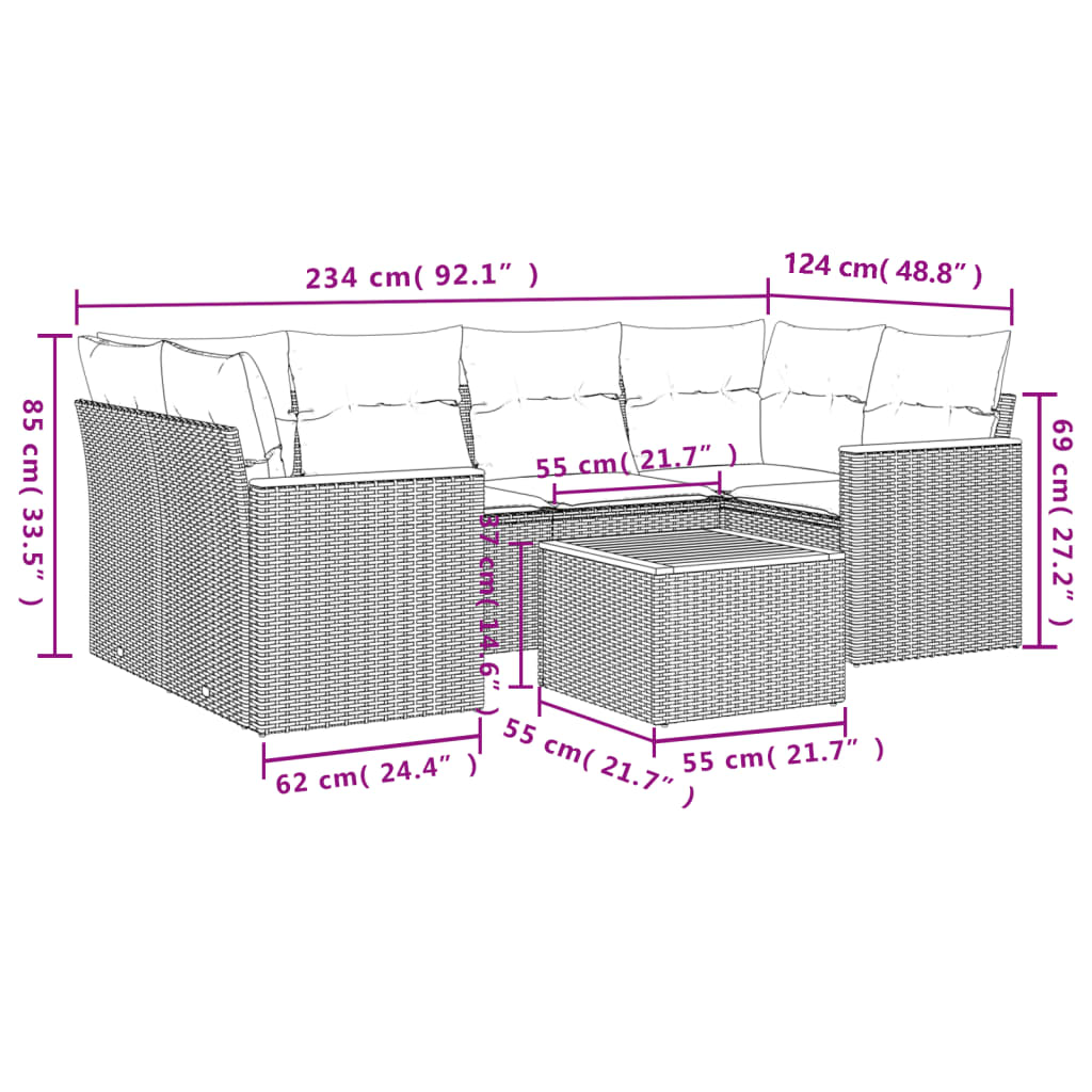 7 pcs conjunto sofás p/ jardim c/ almofadões vime PE cinzento