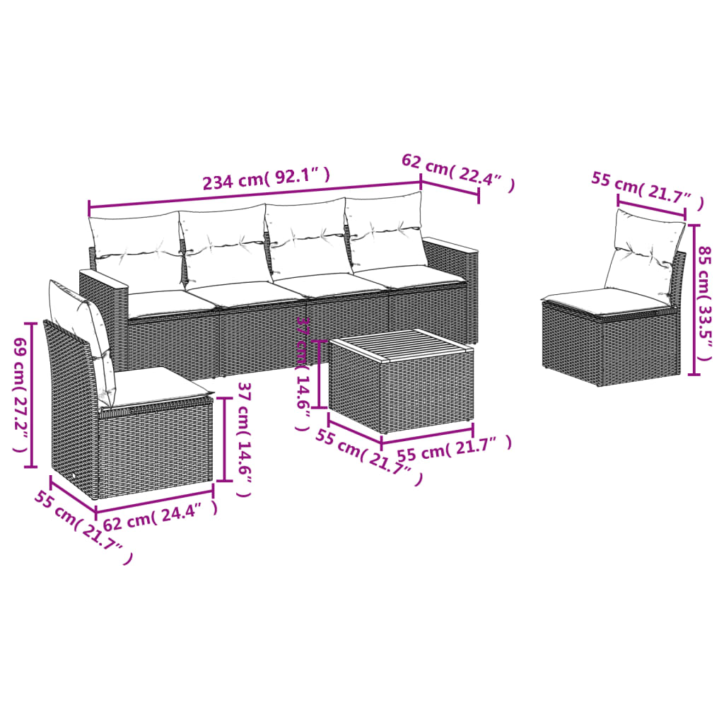 7 pcs conjunto de sofás p/ jardim com almofadões vime PE bege