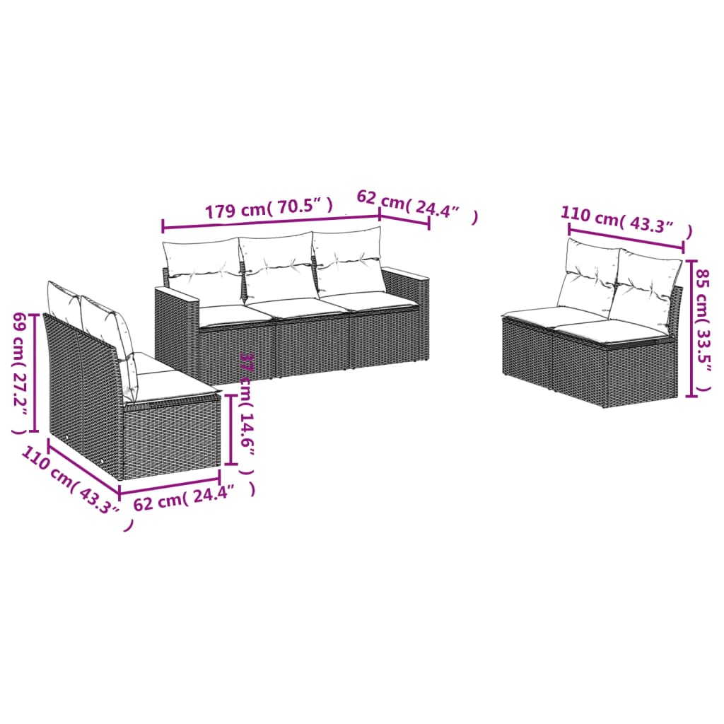 7 pcs conjunto sofás p/ jardim c/ almofadões vime PE cinzento