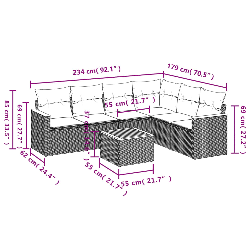 7 pcs conjunto de sofás p/ jardim com almofadões vime PE bege