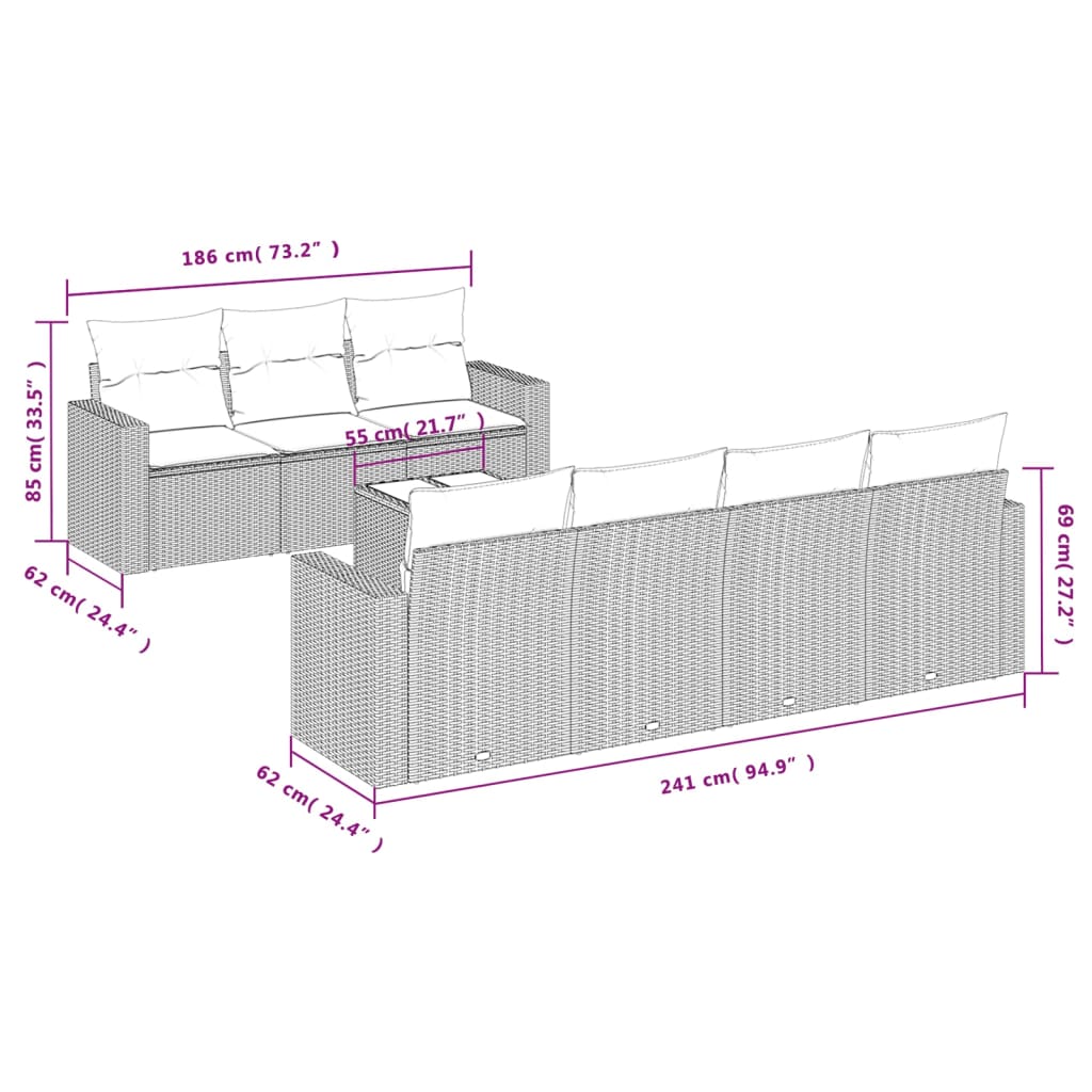 8 pcs conjunto sofás de jardim c/ almofadões vime PE castanho