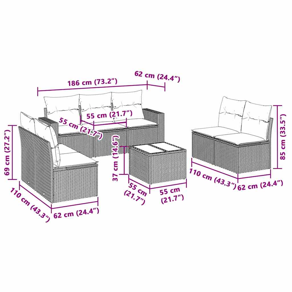 8 pcs conj. sofás jardim c/ almofadões vime PE cinzento-claro