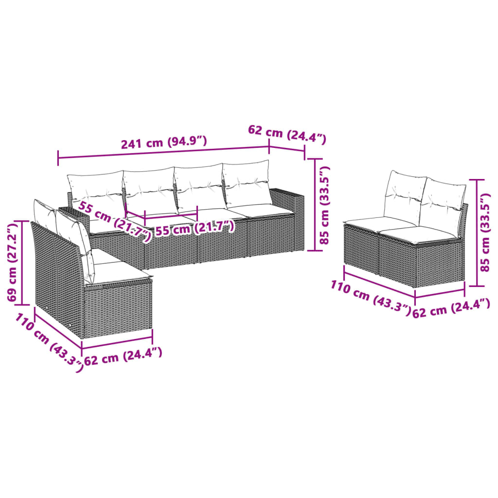 8 pcs conj. sofás jardim c/ almofadões vime PE cinzento-claro