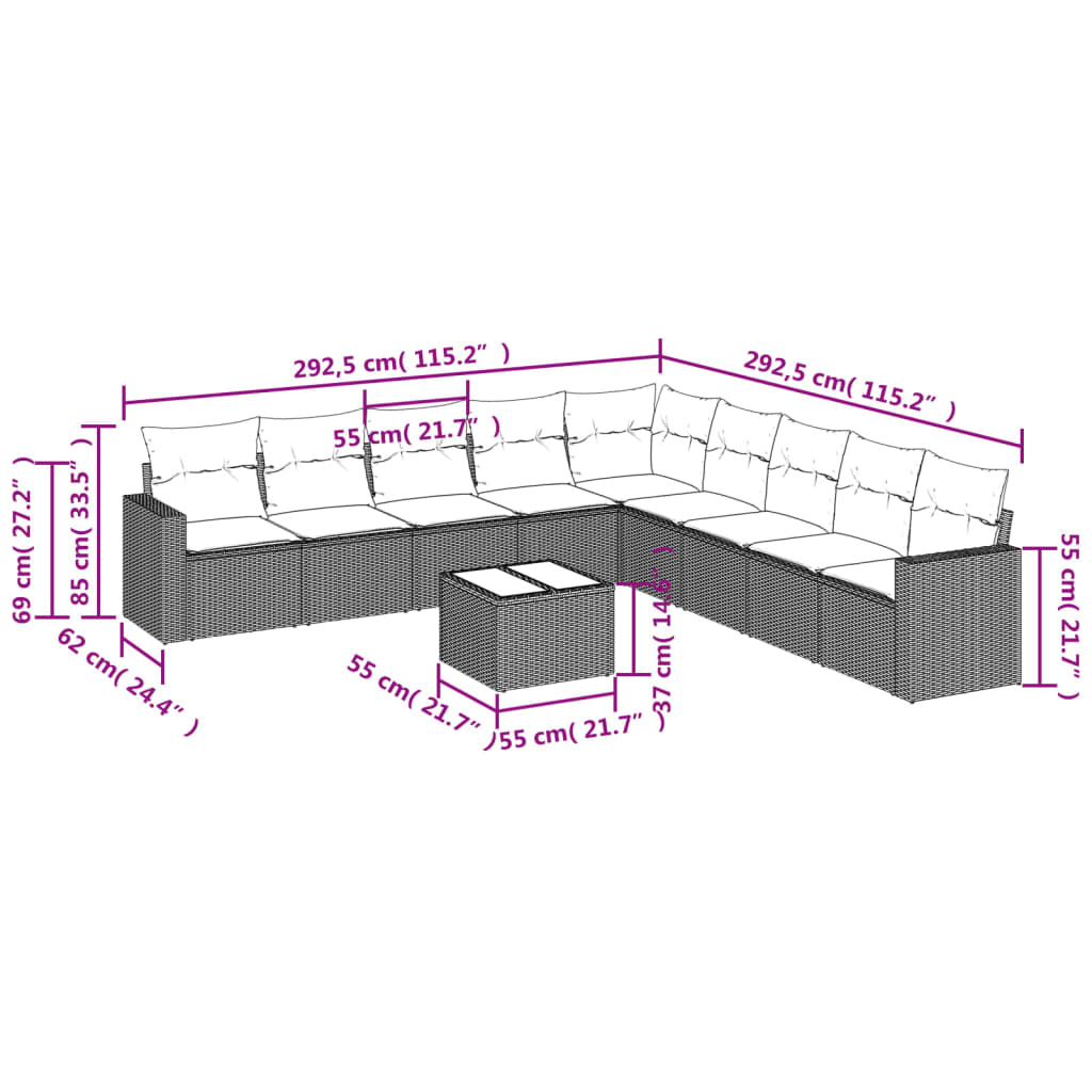 10 pcs conjunto de sofás p/ jardim com almofadões vime PE bege